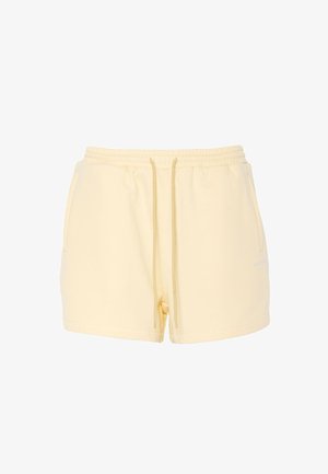 Pantaloncini in cotone giallo chiaro con vita elastica, coulisse frontale e tasche laterali, mostrati su sfondo bianco.