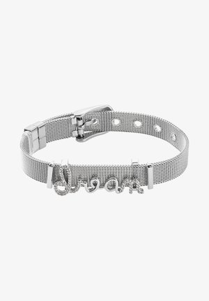 Silbernes Mesh-Armband mit dem Wort "Dream" in einer geschwungenen Schriftart, ausgestattet mit einem glatten metallischen Verschluss und dezenten Edelsteinakzenten.