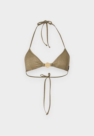 Triangular olive green bikini top with thin ties at neck and back, featuring a central round gold smiley face ornament.