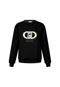 Felpa nera realizzata in morbido tessuto, caratterizzata da un collo tondo, maniche lunghe e un logo centrale accentuato da strass.