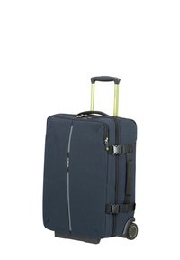 Dunkelblaue, weichschalige Rollkoffer mit ausziehbarem Griff, zwei seitlichen Kompressionsriemen und einer vertikalen Front-Reißverschlusstasche.