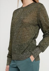 Pull en maille léger de couleur olive avec un éclat subtil. Il présente des manches longues et des poignets côtelés, affichant une coupe décontractée et un tissu texturé.