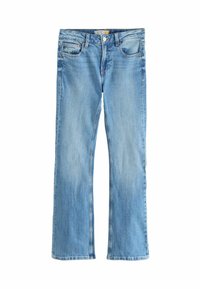 Vaqueros de mezclilla azul claro con diseño bootcut, que cuentan con cinco bolsillos, cierre de botón y detalles de desgaste visibles en los muslos.