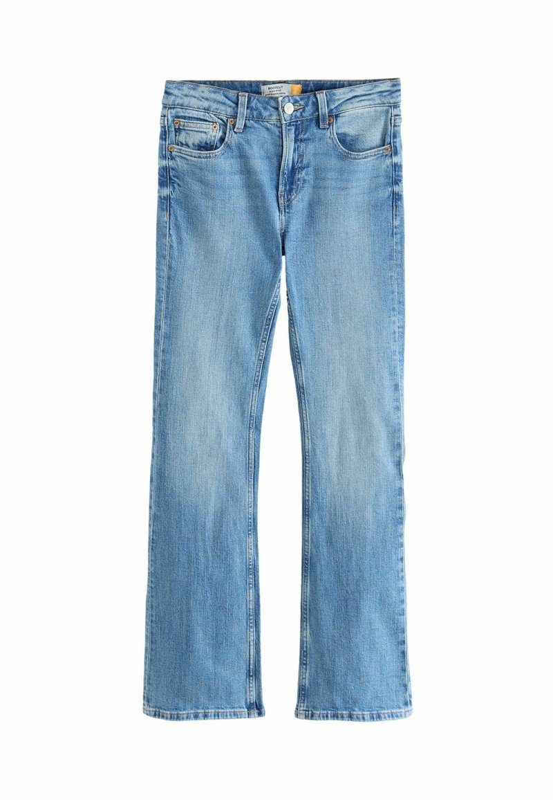 Vaqueros de mezclilla azul claro con diseño bootcut, que cuentan con cinco bolsillos, cierre de botón y detalles de desgaste visibles en los muslos.