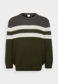 Grüner und grauer gestrickter Pullover mit horizontalen Streifen in Dunkelgrün, Weiß und Grau; runder Ausschnitt und gerippte Bündchen.