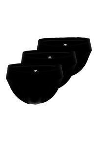 Caleçons noirs en tissu lisse et extensible. Trois paires présentées, avec un design simple et une taille élastique avec étiquette logo.