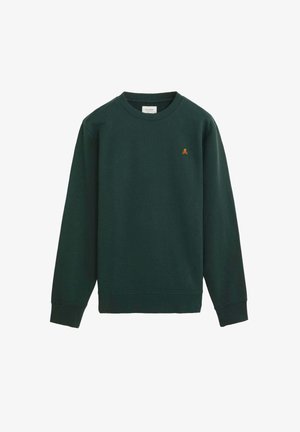 Dunkelgrüner Sweatshirt aus Baumwolle, mit langen Ärmeln, Rundhalsausschnitt und einem kleinen orangefarbenen Logo auf der Brust. Klassischer Schnitt mit gerippten Bündchen.
