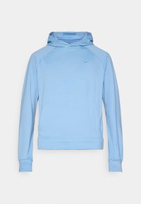 Sweat-shirt bleu clair avec capuche, manches raglan et poche avant. Présente un petit logo Nike sur le côté gauche de la poitrine. Texture lisse.