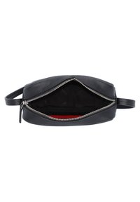 Black leather pouch bag with a zip closure, smooth texture, and an interior lined in black fabric with a red accent. Features a side handle.