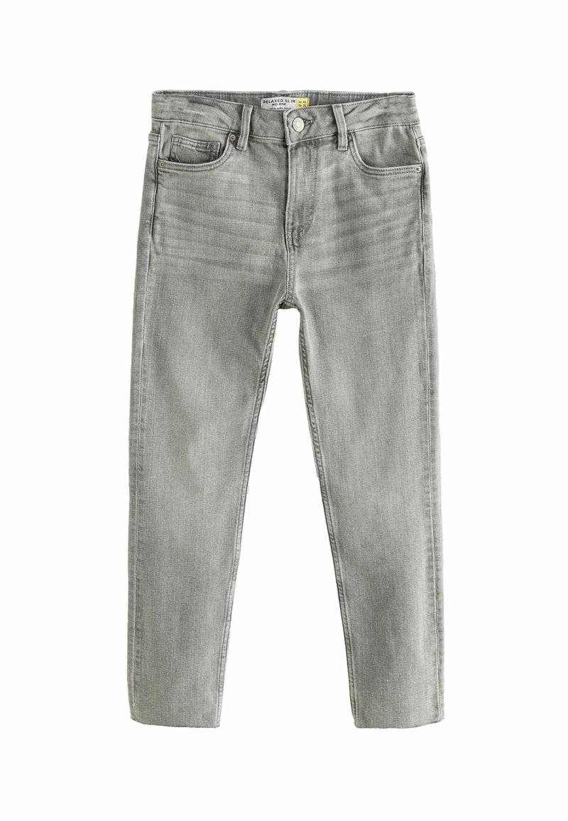 Jean slim gris clair avec poches avant, passants de ceinture, fermeture par boutons, et détails subtilement délavés.