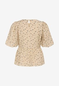 Beige blouse met pofmouwen in een subtiele patroon van gekleurde vormen. Voorzien van een keyhole achterkant en een geraffineerde taille voor een uitlopende silhout.