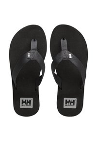 Černé žabky vyrobené z gumy s látkovými popruhy. Mají logo na podrážce a hladký matný povrch na stélce.