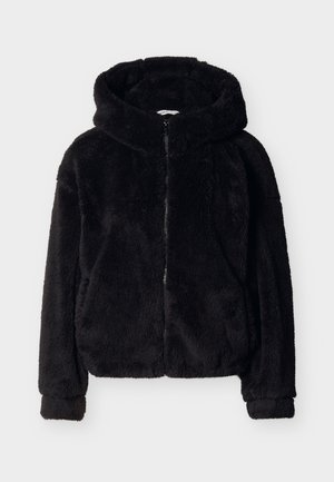 Black fuzzy hooded jacket with front zipper and long sleeves, featuring a soft, plush texture and side pockets.