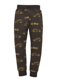 Mustat joggerit, joissa on keltainen auton kuvio, elastinen vyötärö, kapenevat lahkeet ja ribbed-hihansuut; pehmeä, joustava puuvillakangas.