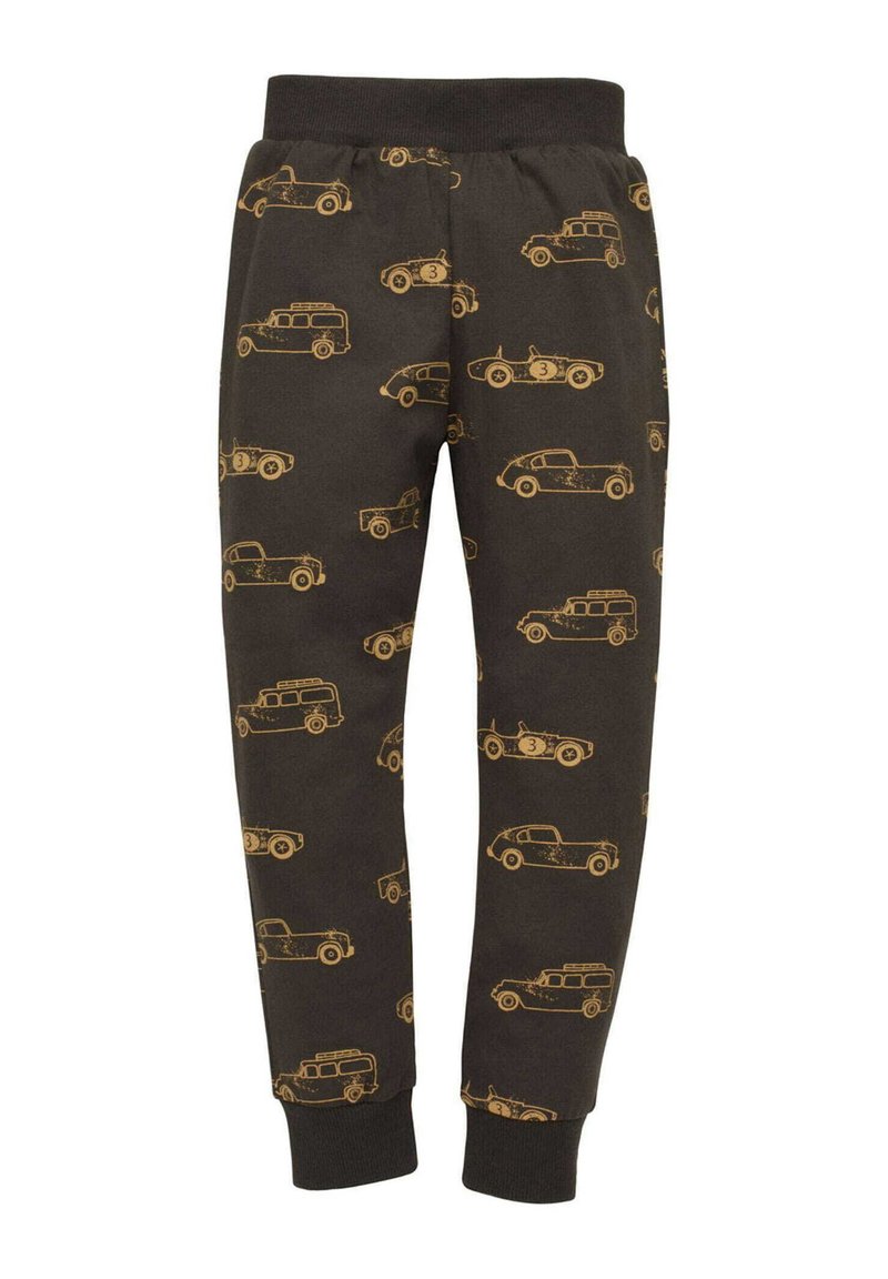 Mustat joggerit, joissa on keltainen auton kuvio, elastinen vyötärö, kapenevat lahkeet ja ribbed-hihansuut; pehmeä, joustava puuvillakangas.
