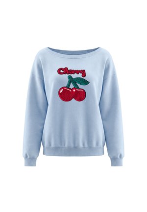 Lyseblå langærmet sweatshirt med pailletdesign af to røde kirsebær, grønne blade og ordet "Cherry" i rødt over frugten.