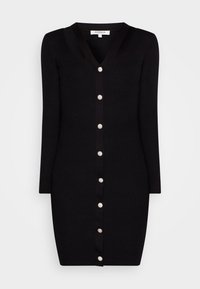 Abito lungo a maniche lunghe in maglia a coste nera con scollatura a V e bottoni argentati sul davanti, design aderente con una finitura testurizzata.