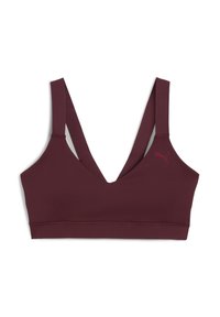 Kestenjasti sportski bralette s V-izrezom, širokim naramenicama i malim logom. Izrađen od glatkog, elastičnog materijala za udobnost.