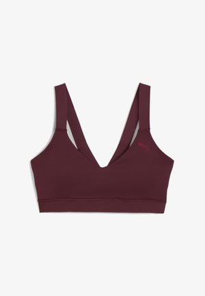 Bralette deportivo color burdeos con un diseño de escote en V, tirantes anchos y un pequeño acento de logo. Fabricado con un tejido suave y elástico para mayor comodidad.