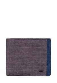 Gray fabric wallet with a textured surface, featuring a blue accent stripe and a small logo in the lower corner. Bi-fold design.