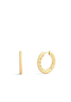 Boucles d'oreilles en or en forme de boucle, avec une finition lisse et une forme circulaire, présentant un bord intérieur à motif pour une texture et des détails supplémentaires.