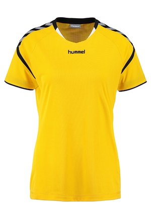 Żółta sportowa koszulka z krótkim rękawem z czarną lamówką na rękawach i ramionach, czarnym okrągłym dekoltem oraz logo "hummel" na piersi.
