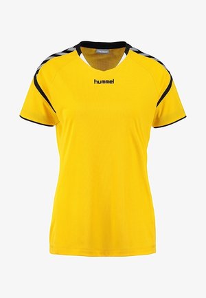 T-shirt de sport jaune à manches courtes avec bordure noire sur les manches et les épaules, col rond noir et logo "hummel" sur la poitrine.