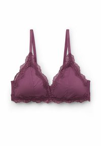 Soutien-gorge mauve en tissu doux, avec des bords en dentelle festonnés le long des bonnets et de la bande, des bretelles réglables et un design triangulaire.