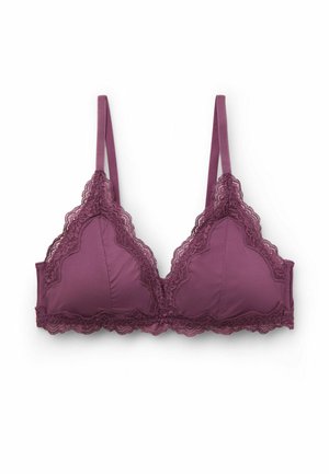 Mauve podprsenka z měkkého materiálu, s vlnitými krajkovými okraji kolem košíčků a bederní části, nastavitelné ramínka a trojúhelníkový design.