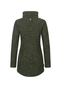 Veste longue à manches longues de couleur vert foncé avec un col montant, en tissu texturé, de coupe ajustée et avec un petit logo au dos.
