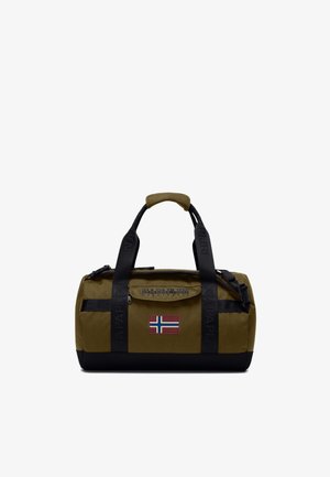 Bolsa de lona verde oliva y negra con dos asas negras, un bolsillo delantero con cremallera y un parche con la bandera de Noruega.