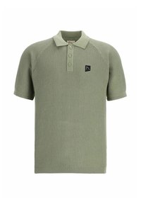Svetlozelená polo košeľa s textúrovaným pleteným dizajnom, krátkymi rukávmi a tromi gombíkmi. Na hrudi má čiernu nášivku s logom.