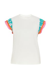 Hvid t-shirt med korte ærmer og farverigt blomstermønster på de volangede ærmer i blå, pink og orange nuancer. Blødt stof.