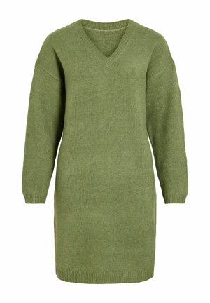 Robe-pull en maille vert olive à manches longues, col en V, avec poignets et ourlet côtelés.