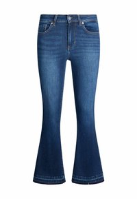 Jean bootcut en denim bleu avec bouton et fermeture éclair à l'avant, deux poches avant et arrière, et légère décoloration sur les cuisses.