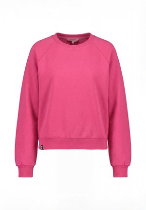 Leuchtend pinker Pullover mit Rundhalsausschnitt und langen Ärmeln, mit gerippten Bündchen und Saum, auf weißem Hintergrund dargestellt.