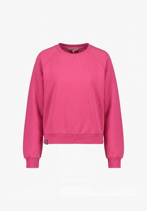 Leuchtend pinker Pullover mit Rundhalsausschnitt und langen Ärmeln, mit gerippten Bündchen und Saum, auf weißem Hintergrund dargestellt.