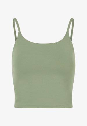 Olivinės žalios spalvos prigludusi tankų su plonomis petnešėlėmis, lygia tekstūra ir apvaliu iškirpimu, sukurta patogumui ir sluoksniavimui.