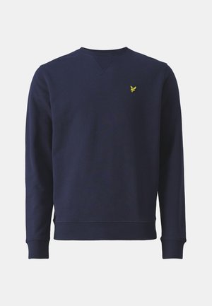 Marinblå sweatshirt i mjukt tyg, med rund hals, ribbad mudd och en liten broderad logotyp i gult på bröstet.