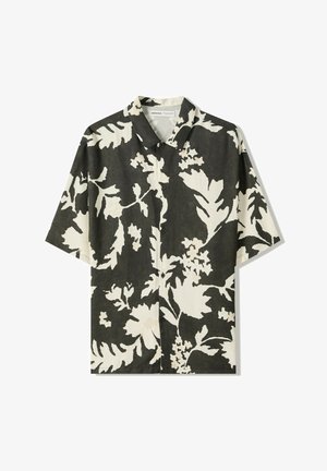 Rövid ujjú ing fekete-fehér virágmintával, könnyű anyagból készült, gombos elülső része és klasszikus gallérja van.