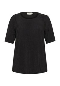 Haut noir à manches courtes avec un col rond et un tissu texturé présentant des rayures verticales. Ourlet droit, coupe décontractée.