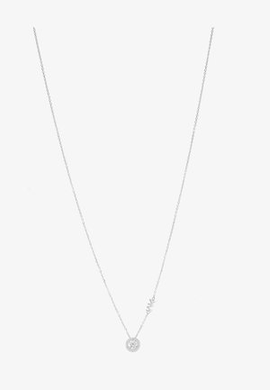 Silver necklace with a circular pendant featuring a central gemstone and sparkling accents, plus an attached word charm, sleek chain design.
