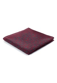 Burgundi silkkitaskuliina, jossa on teal- ja punakuvioinen paisley-kuvio, sileä pinta ja siististi taitetut reunat.