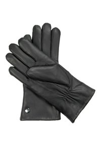 Black leather gloves with a smooth texture, five fingers, gathered stitching at the wrist, and a small silver accent near the cuff.