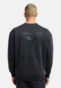 Dark grey sweatshirt featuring a textured graphic on the back with "CARLO COLUCCI," an emblem, and "LA FAMIGLIA" in contrasting green tones.
