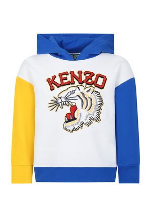 Felpa con cappuccio caratterizzata da un corpo bianco con maniche blu e gialle, design di tigre ricamato e testo "KENZO" in rosso sopra la grafica.
