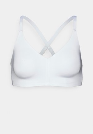 Soutien-gorge blanc sans coutures avec bonnets moulés et bretelles croisées réglables sur un fond uni.