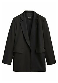 Black blazer with a slightly oversized fit, notched lapels, two front pockets, and long sleeves. Made of smooth, textured fabric.