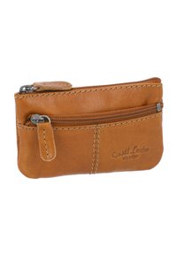 Hellbraune Lederbrieftasche mit Reißverschluss, ausgestattet mit einer Fronttasche und sichtbaren Nähten. Enthält ein kleines Lederetikett für eine einfache Handhabung.