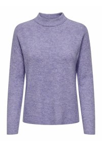 Pull en maille côtelée lilas avec manches longues et col court montant, offrant une texture douce et confortable.